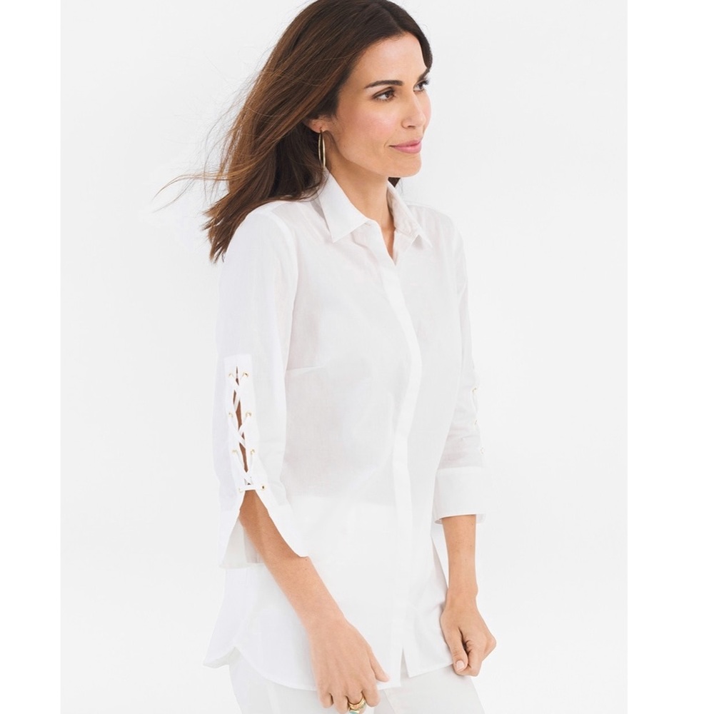 Chico’s Lace-Up Sleeve Shirt Woman’s 1 Small or 8 White 3/4 Length Sleeves